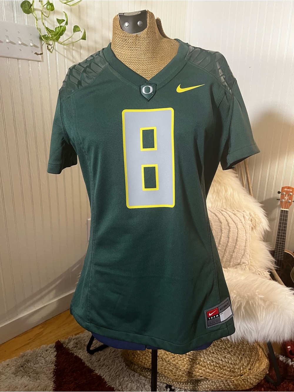 Nike Women's Dark Green Football Jersey with Yellow and Gray #8